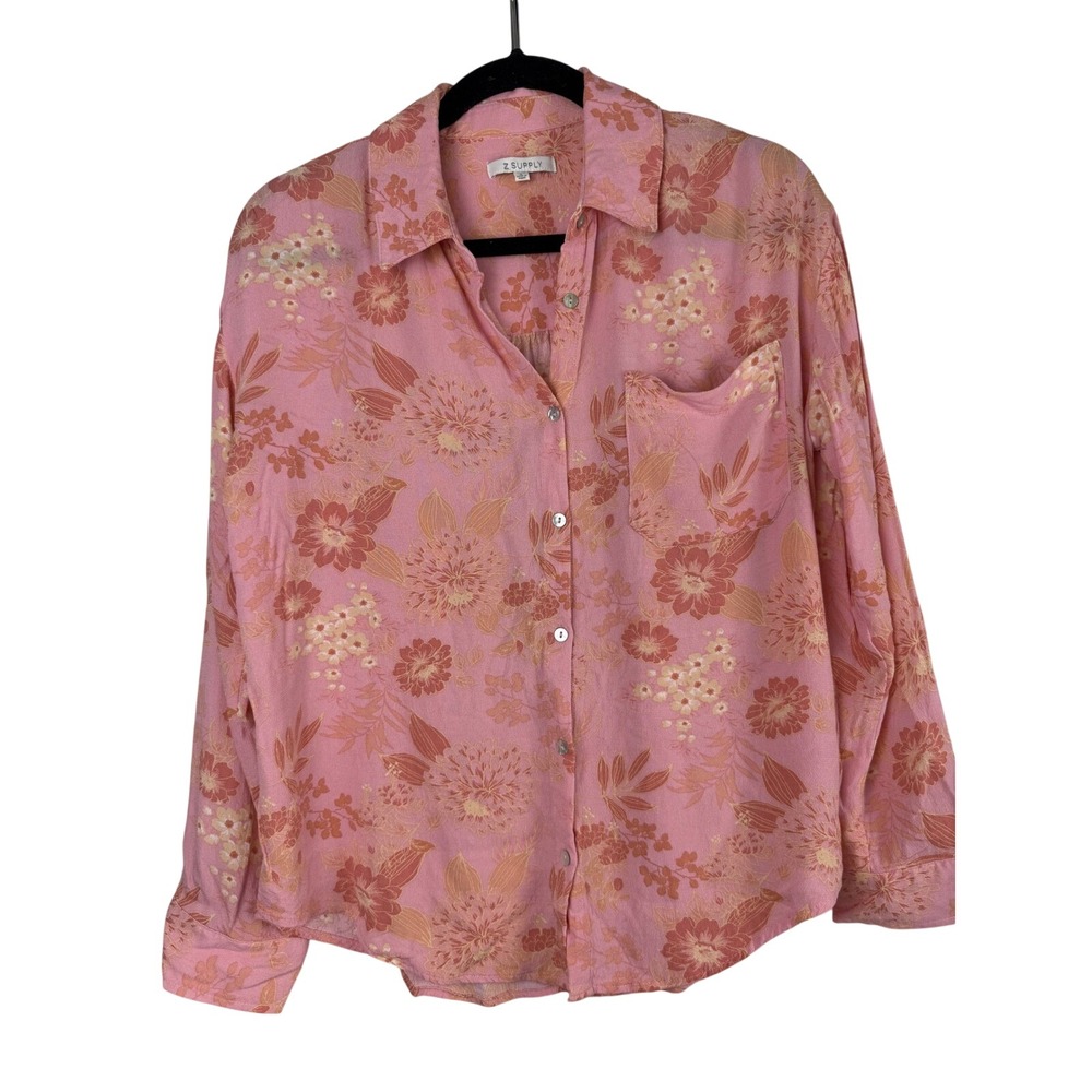 Z Supply Floral Button Down Shirt Pink Rayon Long‎ Sleeve Cottagecore Small